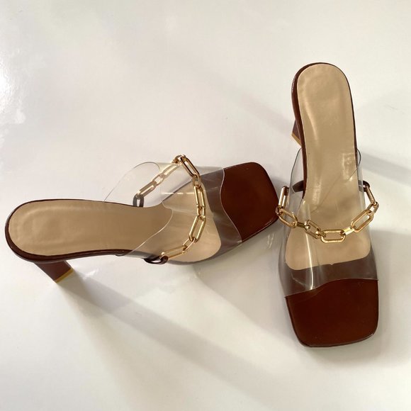 Brown mules heels with gold chains. Never worn - Picture 2 of 3